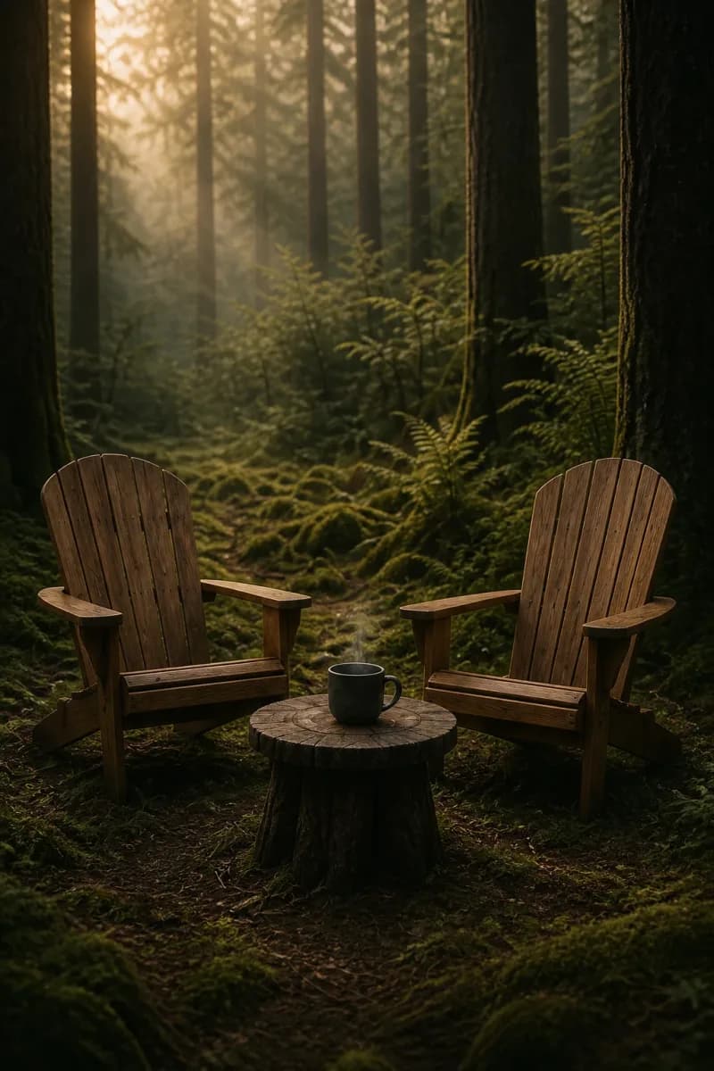 Two cedar chairs waiting beside a small table in a quiet forest clearing