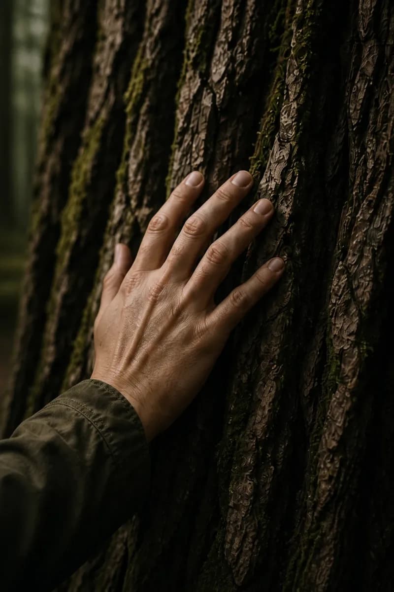 A hand resting gently against the textured bark of an old cedar tree